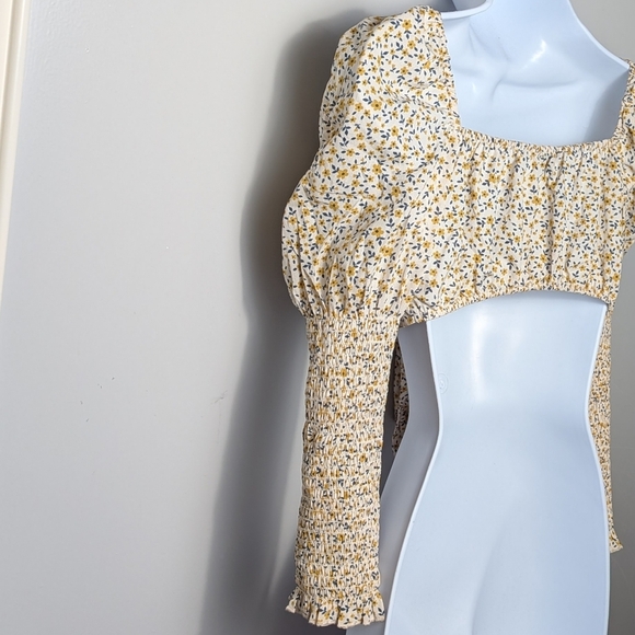 Love Tree Floral Puff Long Sleeve Tie Front Crop Top Ivory Yellow Cottagecore - Picture 9 of 11